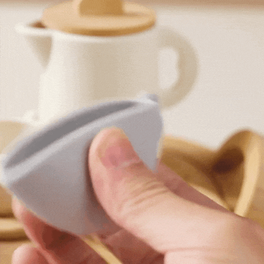 CONJUNTO DE CHÁZINHO EM SILICONE E MADEIRA NATURAL + FRETE GRÁTIS