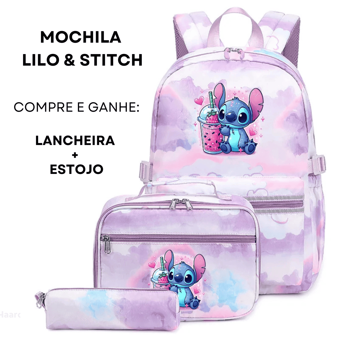 Conjunto Mochila Lilo & Stitch + Lancheira e Estojo Grátis