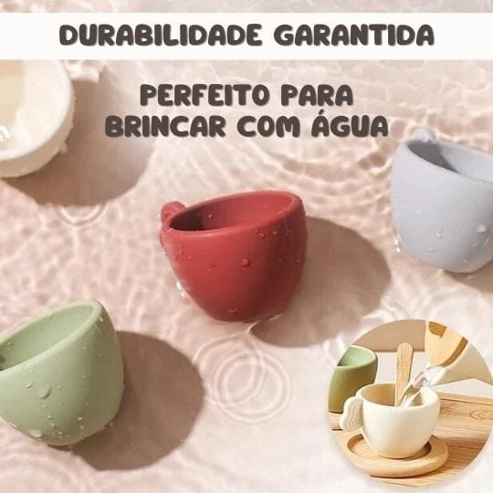 CONJUNTO DE CHÁZINHO EM SILICONE E MADEIRA NATURAL + FRETE GRÁTIS