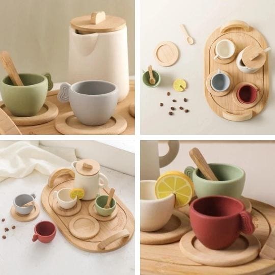 CONJUNTO DE CHÁZINHO EM SILICONE E MADEIRA NATURAL + FRETE GRÁTIS