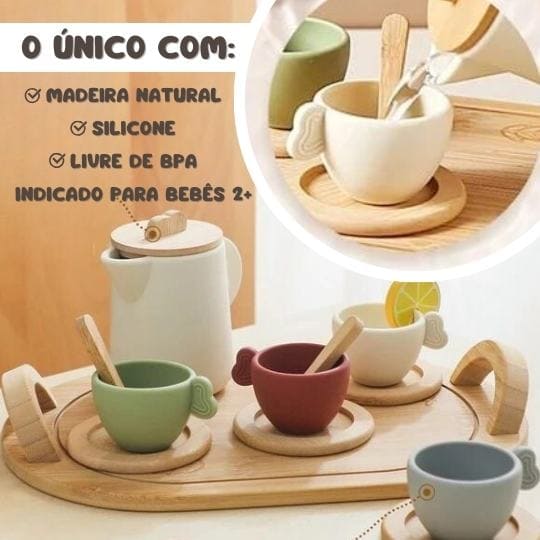 CONJUNTO DE CHÁZINHO EM SILICONE E MADEIRA NATURAL + FRETE GRÁTIS