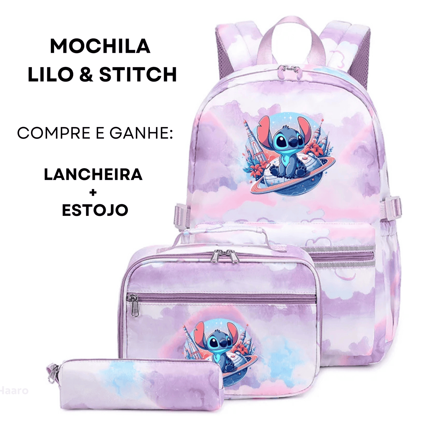Conjunto Mochila Lilo & Stitch + Lancheira e Estojo Grátis
